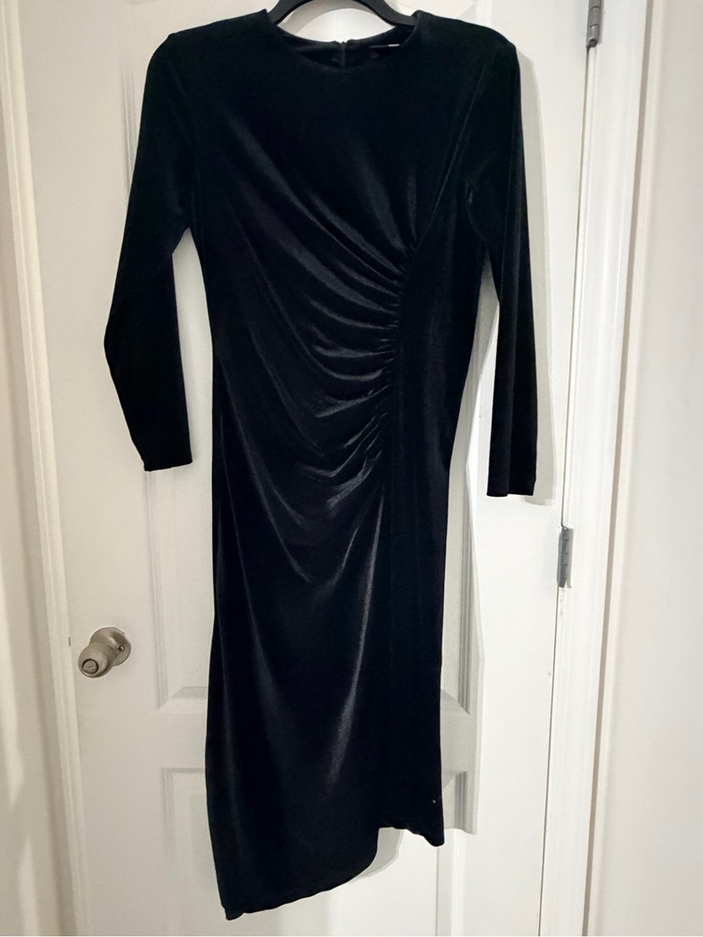Maison Tara Black Velvet Ruched Long-Sleeve Midi Dress